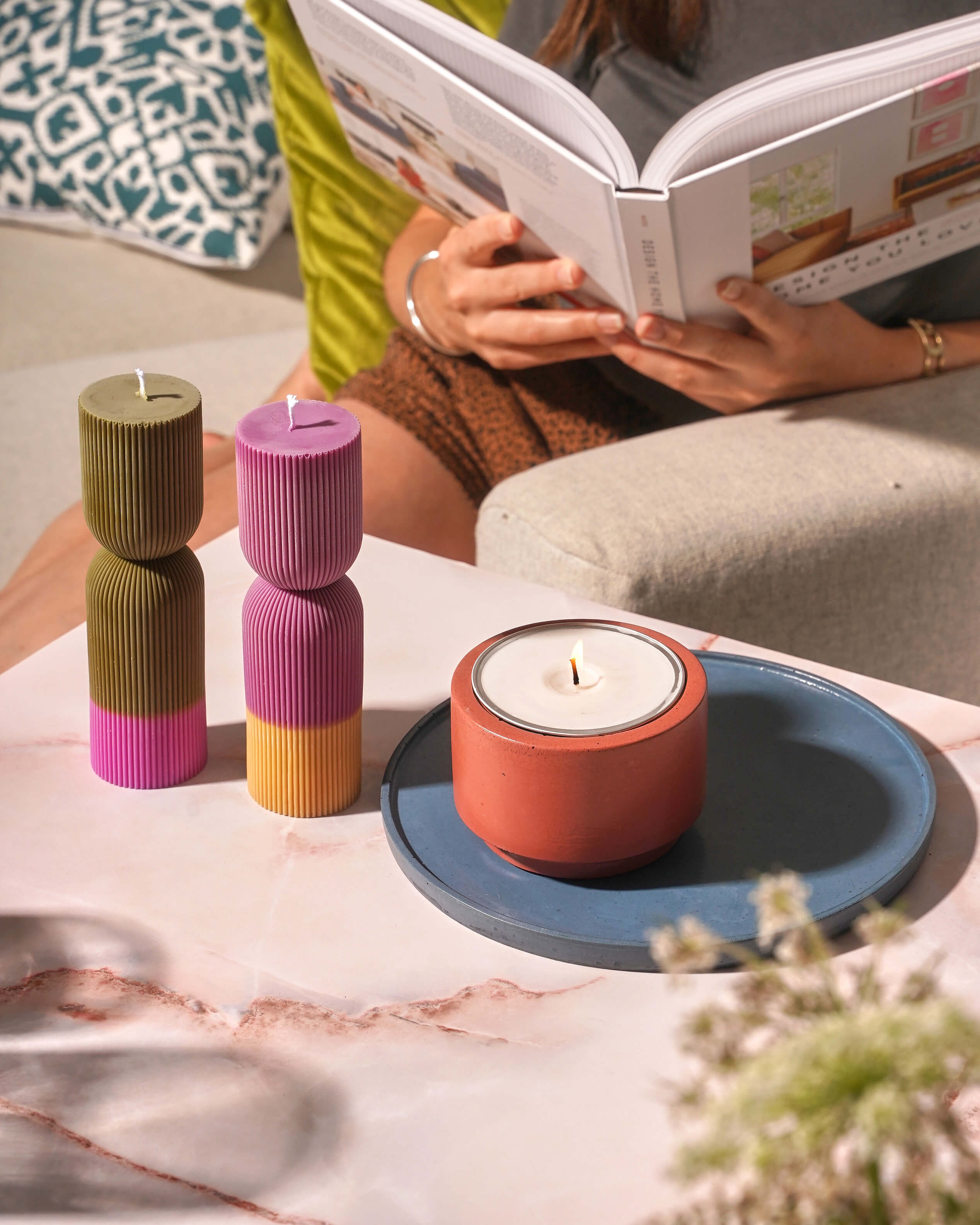 Colour Block Pillar Candle - Pine/ Orchid